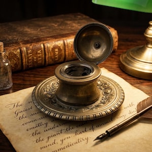 May include: An antique desk scene featuring a vintage inkwell with an open lid, a quill pen, and a handwritten letter. A small glass bottle with a cork stopper and a leather-bound book titled "ESSAYS OF ELIA" are also present. A brass desk lamp with a green shade provides illumination.