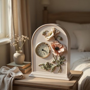 May include: A cream-coloured decorative clock with a gold-tone clock face. The clock is adorned with sculpted peach-coloured poppy flowers and green leaves. The clock sits on a wooden bedside table next to a vase of flowers and a stack of books.