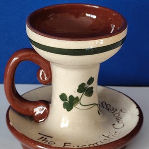 Vintage 1932 Eucharistic Congress Chamberstick Candle Holder – Longpark Torquay England – Religious Commemorative Pottery