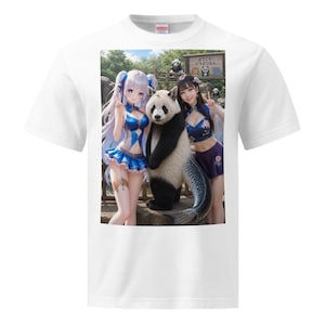 May include: A white t-shirt featuring a graphic print of two anime-style figures standing next to a panda with a fish tail. The background shows a zoo enclosure with a wooden sign that reads "ようこそ! どうぶつえん" and other small pandas.