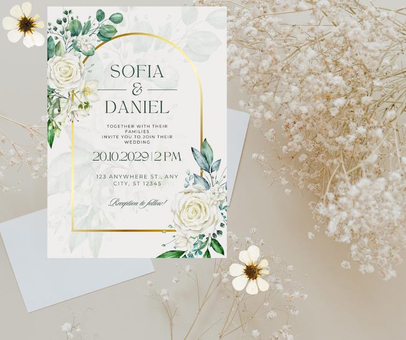 Wedding Invitation Template Editable in Canva | Elegant Floral Wedding Invite | Instant Download Printable | Modern Minimalist Design image 2