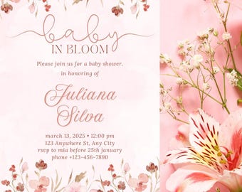 Baby in Bloom Invitation Template | Butterfly Baby Shower Invitation | Editable Canva Baby Shower Invite | Pink Floral Girl Baby Shower