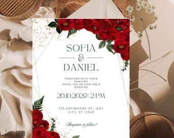 Red Floral Wedding Invitation Template Editable in Canva | Romantic Rose Wedding Invite | Elegant Printable Invitation | Instant Download