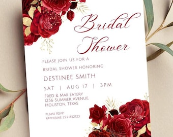 Bridal Shower Invitation Template Editable in Canva | Red Floral Bridal Shower Invite | Instant Download Printable