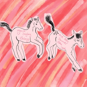 Peut inclure: Deux illustrations de chevaux roses sur un fond rouge et rose. Les chevaux ont des crinières et des queues noires, et l'un a le texte "You're Saying Things". L'autre cheval a le texte "and they sound like love".