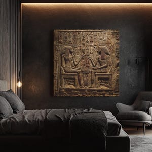 May include: A large, rectangular, brown relief carving depicting two seated figures facing each other across a table. The figures are in profile, wearing headdresses, and surrounded by hieroglyphs. The artwork is mounted on a dark gray wall in a bedroom setting.