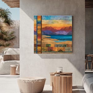 Patchwork Landscape Canvas Print, Desert to Beach Scene, Tribal Art Wall Decor