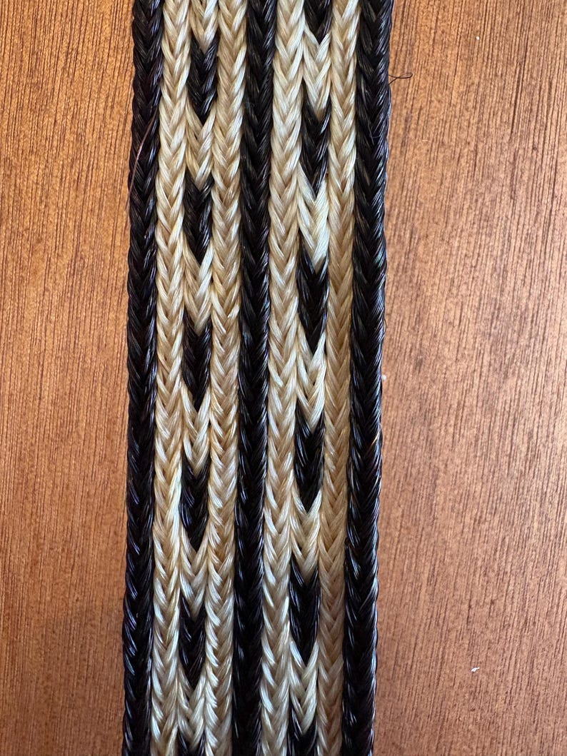 May include: Close-up of a woven strip with a repeating pattern of black and cream-colored braids. The braids are tightly woven together, creating a textured surface. The strip is likely a decorative element or part of a larger craft project.