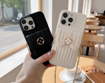 Étui portefeuille pour iPhone : porte-cartes en cuir PU, bandoulière réglable