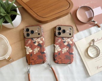 Étui pour iPhone à fleurs rétro avec cordon de suspension