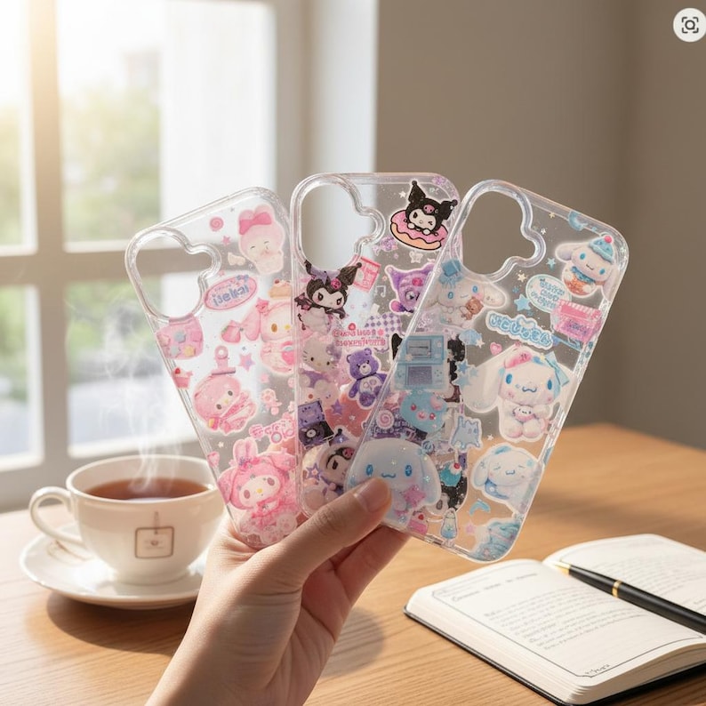 May include: Three clear phone cases with colorful cartoon character designs. The cases feature various characters in pink, purple, and blue. One case has a pink bow, another has a black bow, and the third has a blue hat. A cup of tea and a notebook are in the background.