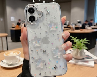 Coque de portable étoile à paillettes coréennes pour iPhone | Protection de lentille acrylique époxy brillante