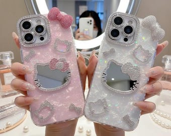 Coque de portable miroir scintillant 3D Kawaii Hello Kitty pour iPhone, coque rigide antichoc Sanrio