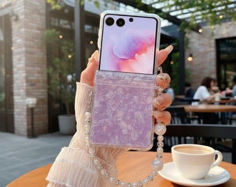 Étui à rabat pour Samsung Galaxy Z - Coque en acrylique à motif de coquillages et bracelet de perles