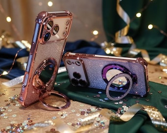 Gradient Glitter iPhone Case with Mirror Ring Holder, Shockproof Corners