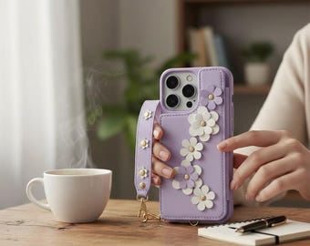 Étui portefeuille à fleurs pour iPhone, porte-cartes et dragonne