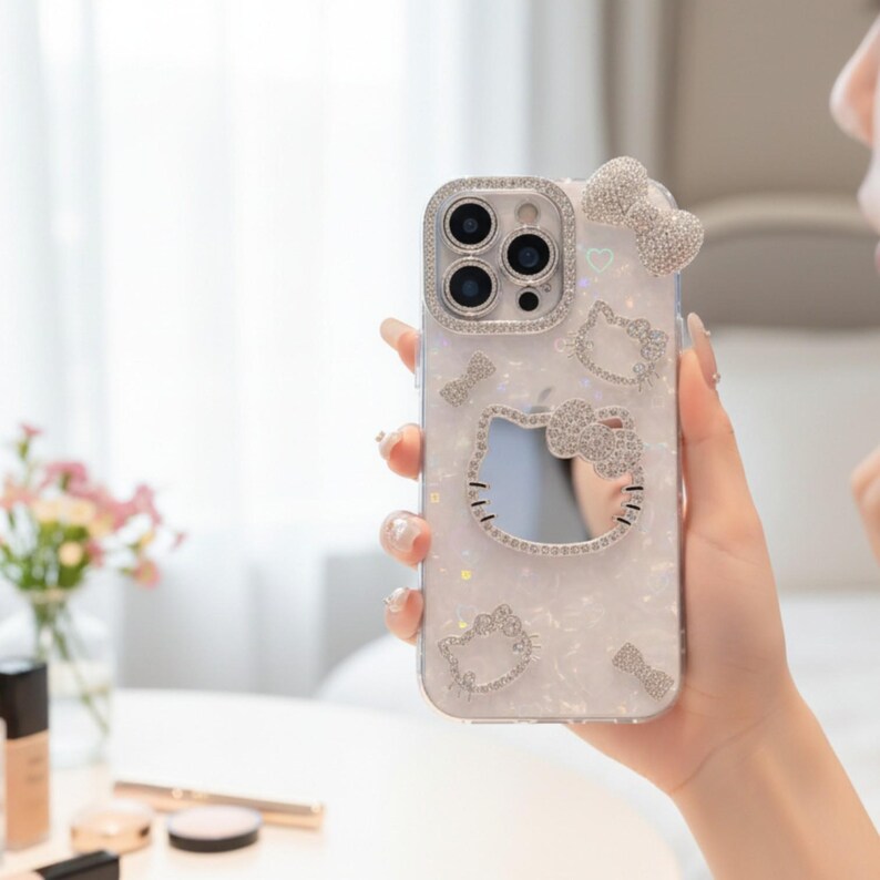 May include: A clear phone case with a pearlescent finish, adorned with sparkling rhinestones. The case features a Hello Kitty design, including a bow and the character's outline. The camera lens is surrounded by a ring of rhinestones.
