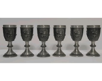Vintage Pewter 3.5" Goblets, SKS Design, Germany, 95% Zinn, Set/6 Ships Theme