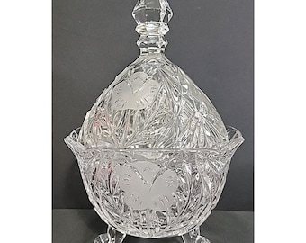Vintage Lead Crystal Footed Candy/Nut Dish With Lid, 9" Tall, Cut/Etched