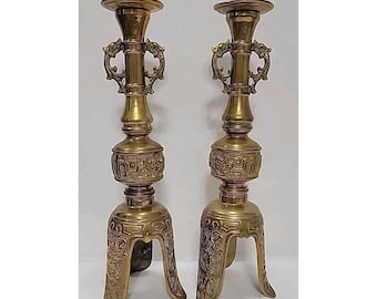 Vintage Brass Pricket Pillar Candleholders, Asian Theme, Set/2, Tip Broken, 14"