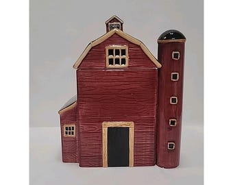 Vintage Ceramic Cookie Jar, Red Barn/Silo, 10.25" Tall, Minor Scratches