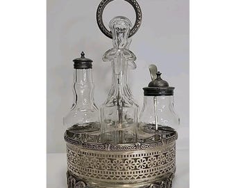 Antique Victorian Silver/Silver-Plated??? Cruet Set, 4 Bottle, See Markings