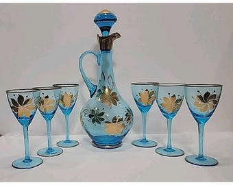 Vintage Romanian Hand Blown Decanter Set, Teal Blue/Gold Designs, 6 Goblets