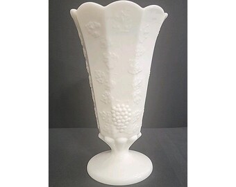 Vintage Westmoreland Milk Glass Footed Vase, Paneled Grape Pattern, 9"