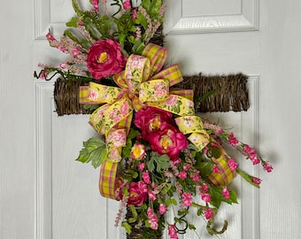 Easter Wreath, Cross Wreath, Spring Wreath, Pink Flowers Wreath, Front Door Decor, Summer Wreath