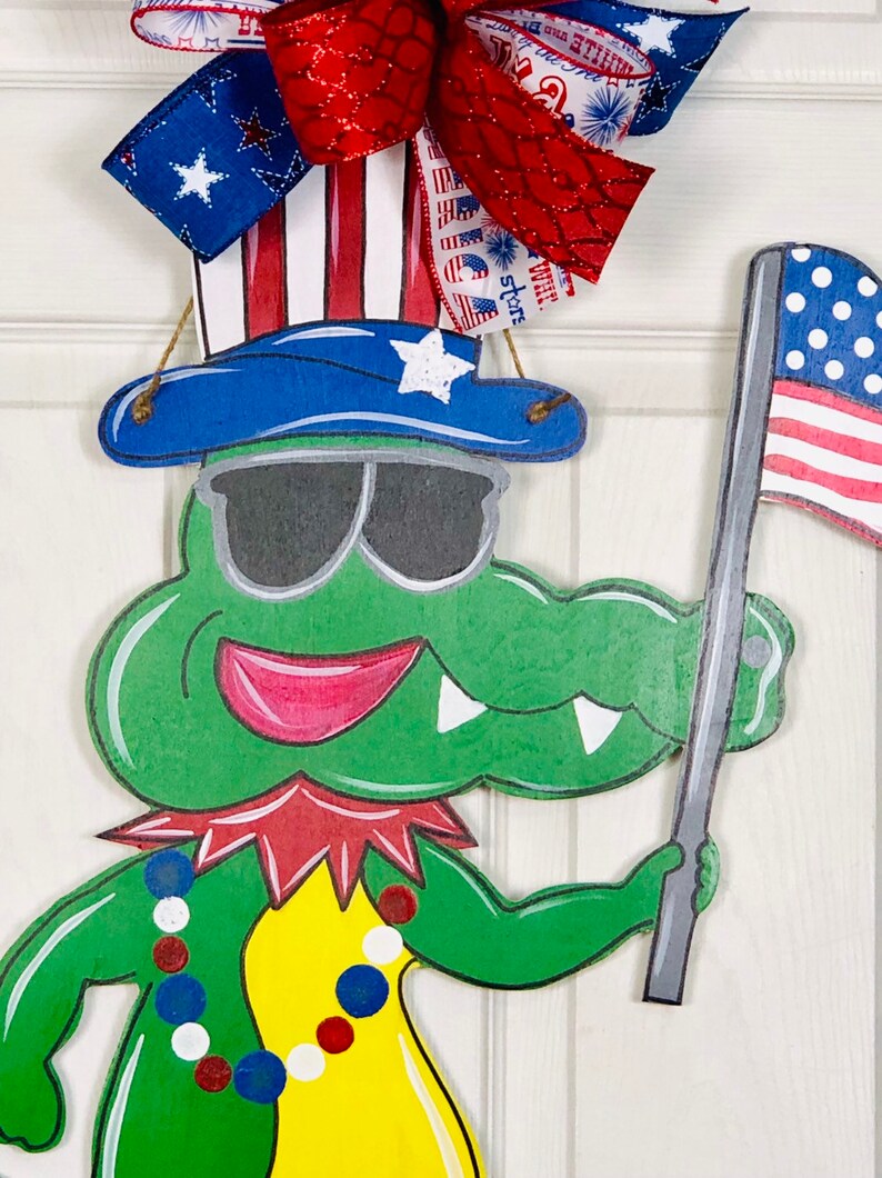 Patriotic Alligator Summer Door Hanger American Flag 4th of July Decor Alligator Door Hanger