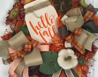 Mason Jar Wreath, Fall Wreath, Thanksgiving Wreath, Front Door Decor, Wreath with Pumpkins, Welcome Wreath, Sunflower Wreath