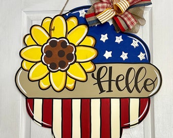Patriotic Door Hanger, Sunflower Door Hanger, Summer Door Hanger, Patrotic Sunflower