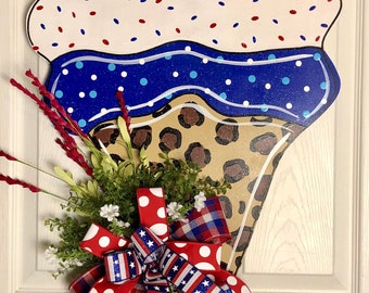 Patriotic Ice Cream, Ice Cream Door Hanger, Summer Door Hanger, Patriotic Door Hanger, 4th of July Decor, Large Door Hanger