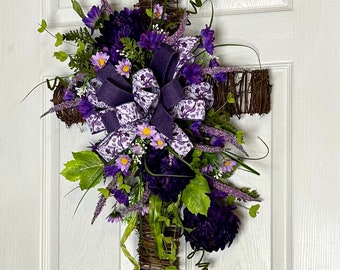 Easter Wreath, Cross Wreath, Easter Cross, Spring Wreath, Purple Flowers Wreath, Front Door Decor