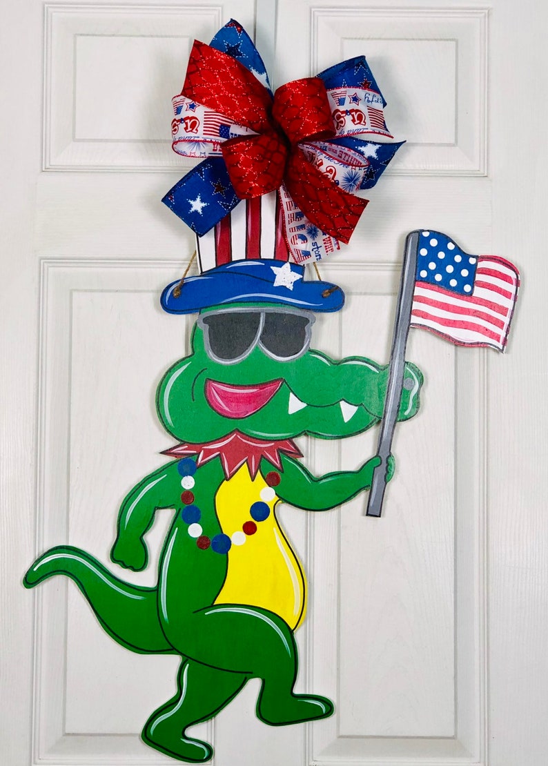 Patriotic Alligator Summer Door Hanger American Flag 4th of July Decor Alligator Door Hanger
