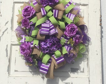 Spring Wreath, Mother's Day Gift, Front Door Wreath, Summer Wreath, Purple Flowers, Everyday Wreath