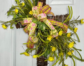 Cross Wreath, Easter Cross Wreath, Spring Wreath, Summer Wreath, Yellow Flowers Wreath, Front Door Decor