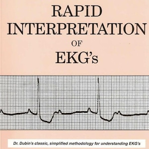 May include: Book cover titled "RAPID INTERPRETATION OF EKG'S" with a pink background. The cover features a black EKG graph and the text "Dr. Dubin's classic, simplified methodology for understanding EKG's". The book is the 6th edition, by Dale Dubin, MD.