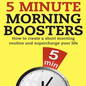 May include: A book cover with the title "5 MINUTE MORNING BOOSTERS" in red and black text. A clock graphic shows 5 minutes. The author's name, Rachel Rofé, is at the bottom. The background is yellow.