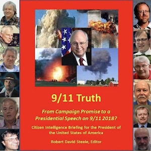 Op de afbeelding: Een rode poster met de titel "9/11 Truth" en de tekst "From Campaign Promise to a Presidential Speech on 9/11 2018?". De poster bevat afbeeldingen van de aanslagen van 9/11 en portretten van verschillende personen.