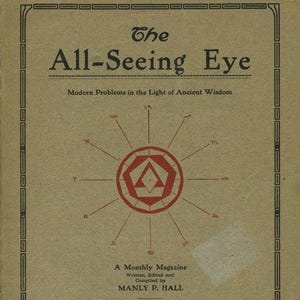 May include: Vintage magazine cover titled "The All-Seeing Eye" with text "Modern Problems in the Light of Ancient Wisdom." Features a red geometric design with radiating lines. Published May 1923. The magazine is not sold.