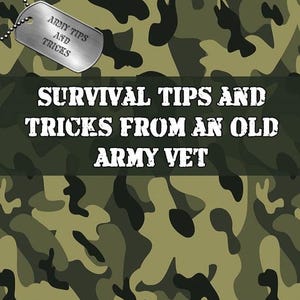 Op de afbeelding: Een boekcover met een camouflagepatroon. De titel luidt: "Survival Tips and Tricks From An Old Army Vet". Een zilveren hondenpenning met de tekst "Army Tips and Tricks" hangt aan een ketting. De naam van de auteur, Ferguson Mason, staat onderaan.