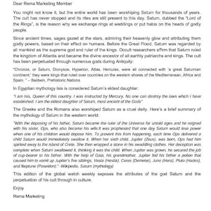 May include: A white document titled "Global Watch Weekly Report" with black text. The text includes the title, a welcome message, and detailed information about Saturn's mythology. The document is from Rema Marketing.