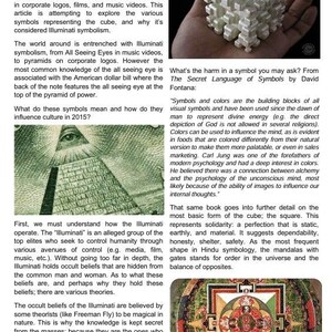 May include: An article titled "SATURN AND THE CUBE" with text discussing Illuminati symbolism. The image includes a 3D cube held in a hand, a dollar bill with the all-seeing eye, and a colorful mandala.