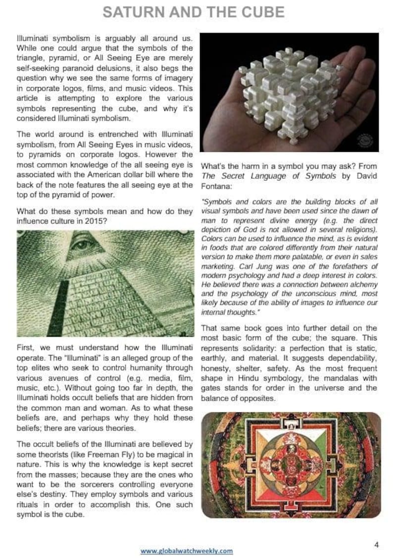 May include: An article titled "SATURN AND THE CUBE" with text discussing Illuminati symbolism. The image includes a 3D cube held in a hand, a dollar bill with the all-seeing eye, and a colorful mandala.