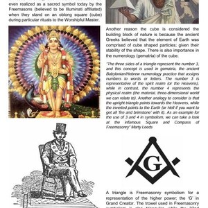 May include: A page from a publication titled "SATURN AND THE CUBE" with illustrations and text. Images include a deity, a man with a pyramid, a seated man, and a Masonic symbol. The text discusses symbolism and numerology.