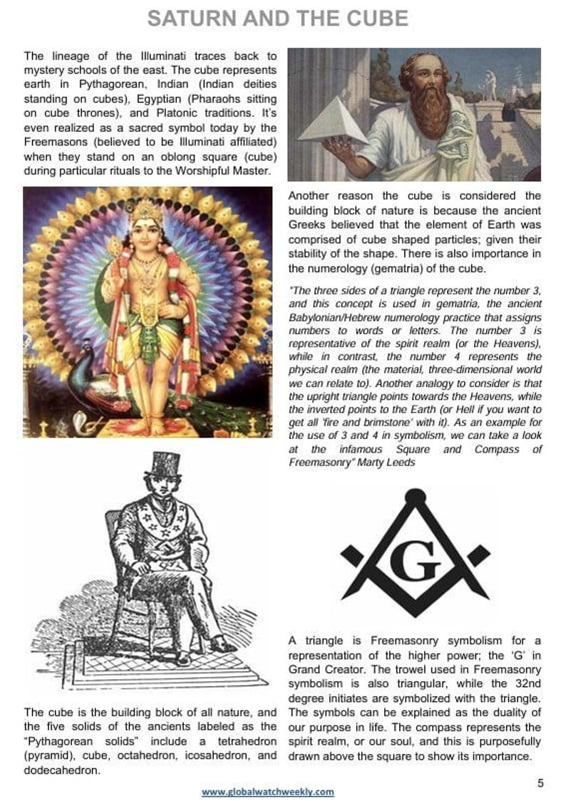 May include: A page from a publication titled "SATURN AND THE CUBE" with illustrations and text. Images include a deity, a man with a pyramid, a seated man, and a Masonic symbol. The text discusses symbolism and numerology.