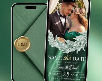 Geanimeerde Save the Date-videosjabloon | Smaragdgroene bruiloft | Bewerkbare canvassjabloon | Digitale uitnodigingsavond