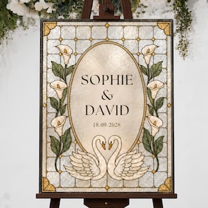 Sjabloon voor een welkomstbord met glas-in-loodmotief voor een bruiloft (bewerkbaar in Canva) | Printbaar doe-het-zelf welkomstbord met imitatie glas-in-loodmotief van Swan & Lillies (digitale download)