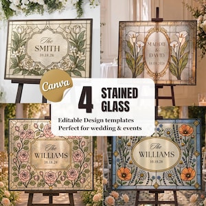 May include: Four rectangular stained glass signs on easels featuring floral borders and central text areas. Designs include roses, calla lilies, and poppies with customizable names and dates like The Smith 10.18.28, Maddie & David 18.09.2028.